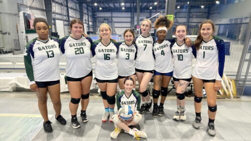 Members of the first Virginia Peninsula Community College volleyball team, standing from left: Attiyah Lay, Jordan Lengager, Hannah Sweazey, Mary Nicosia, Lillian Sypher, Jayla Riddick, Christabelle Elliott, and Carlee Watson. In front: Mattie McLaughlin.