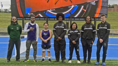 Pictured from left to right: Coach Andres McIntyre, Darrin Hayden, Joshua Rivera, Josiah Shelby, Cinthya Bates, Kennedy Taylor, and Zachary Baumgartl