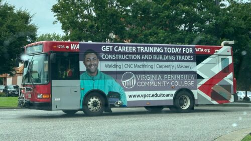 WATA Has New Stop at VPCC Trades Center in Toano A Williamsburg Area Transit Authority bus with a VPCC advertisement.