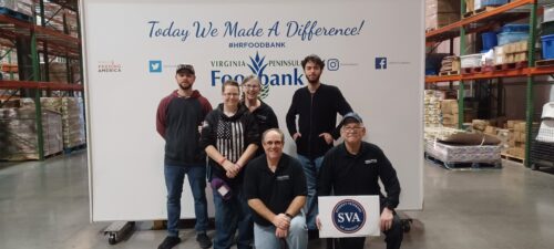 A group representing VPCC recently volunteered at the Virginia Peninsula Foodbank. They included (kneeling left to right) VERITAS Liaison David Lannon, SVA President Lew Silverman, (back row l-r) SVA member Christopher Kwilecki, SVA Treasurer Rebecca Rich, Military and Veterans Services Adviser Kathy Carbaugh and SVA Secretary Robert Philman