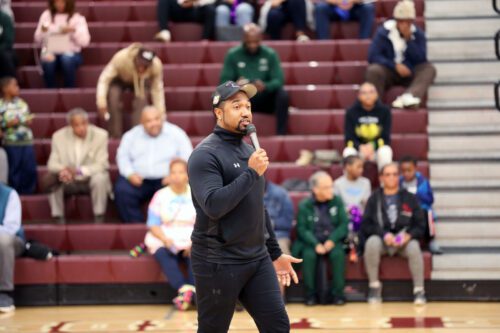 Men’s basketball coach Chris Moore speaking