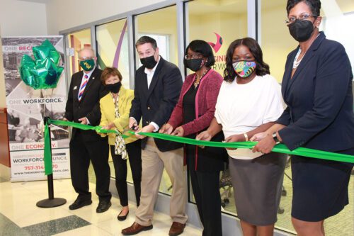 College President Dr. Towuanna Porter Brannon (far right) with people of the Career Works Center for Ribbon Cutting Ceremony