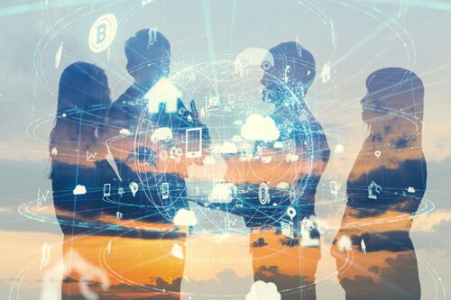 Business and technology concept. Internet of Things (IoT). Information Communication Network (ICT). Artificial Intelligence (AI).