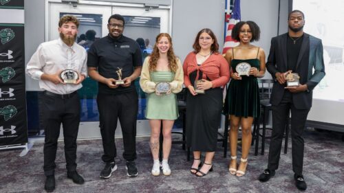 Honored at the sports banquet were (from left): Aiden Feather (baseball), Keith Utsey (men’s soccer), Berkeley Stenger (women’s volleyball), Alyssa Monger (track and field), Ashaunti Lee (cheerleading) and Keshaun Johnson (men’s basketball).