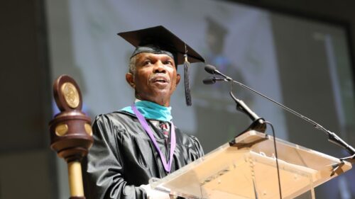 Former Hampton Mayor Donnie Tuck addresses the students at VPCC's graduation May 15 at the Hampton Coliseum.