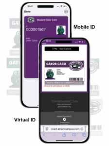 Photo: Virginia Peninsula Community College Gator Cards: Mobile and Virtual ID graphics on cell phone screens.