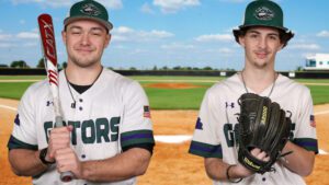 Cameron Byers (left) hit two home runs against Bryant & Stratton. Jacob Wells (right) turned in a solid performance on the mound.