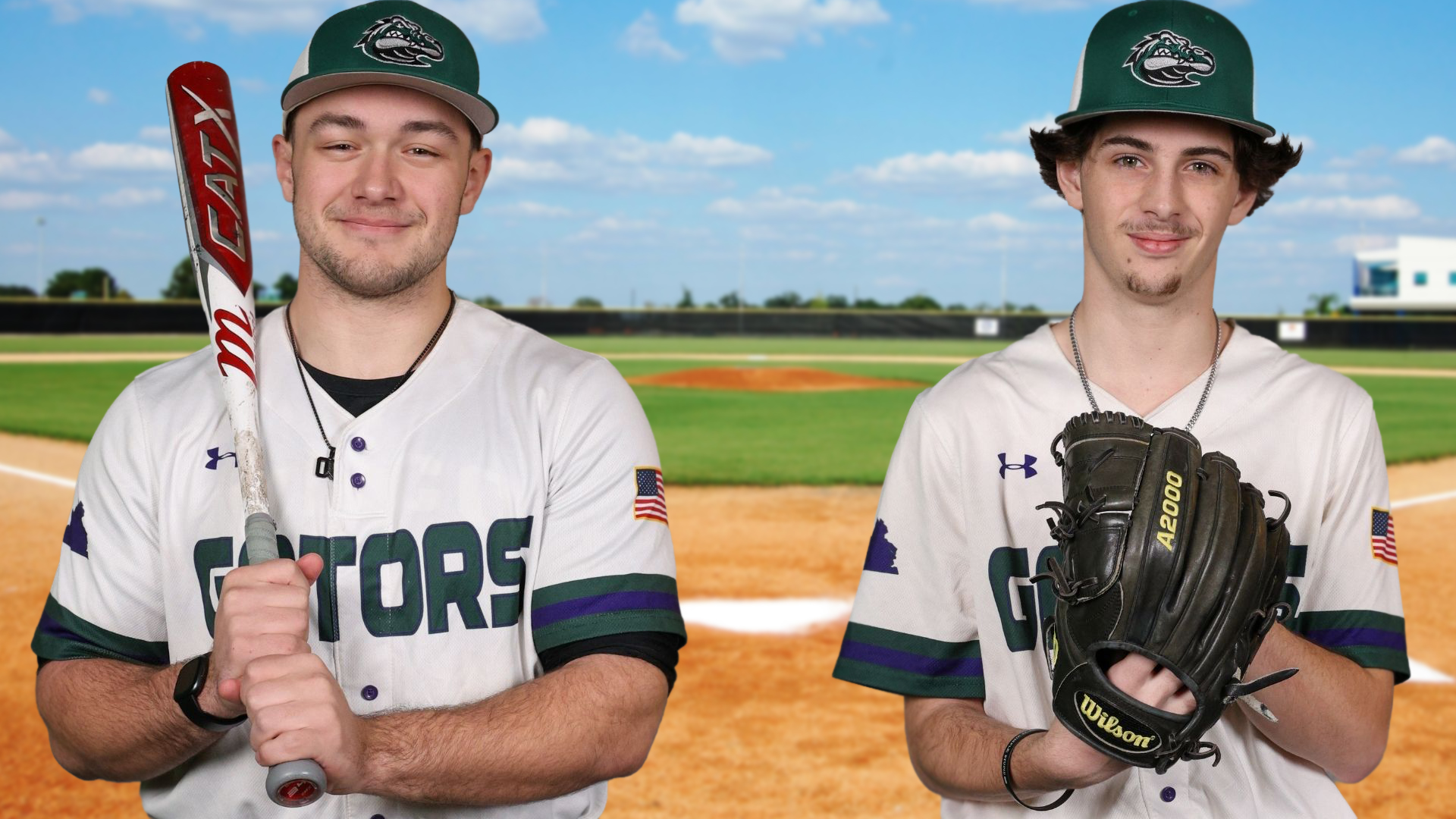 Cameron Byers (left) hit two home runs against Bryant & Stratton. Jacob Wells (right) turned in a solid performance on the mound.
