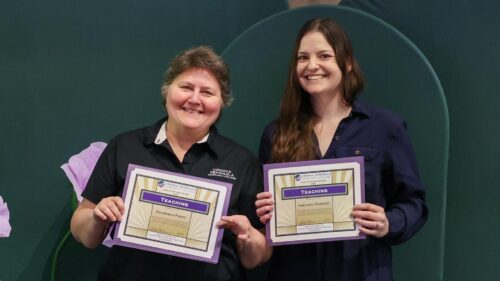 Faculty and Staff Honored at Annual Awards Ceremony Daliborka Padon (left) and Adrianna Hardage were among those who received a Vanguard Award in teaching at Friday's ceremony.