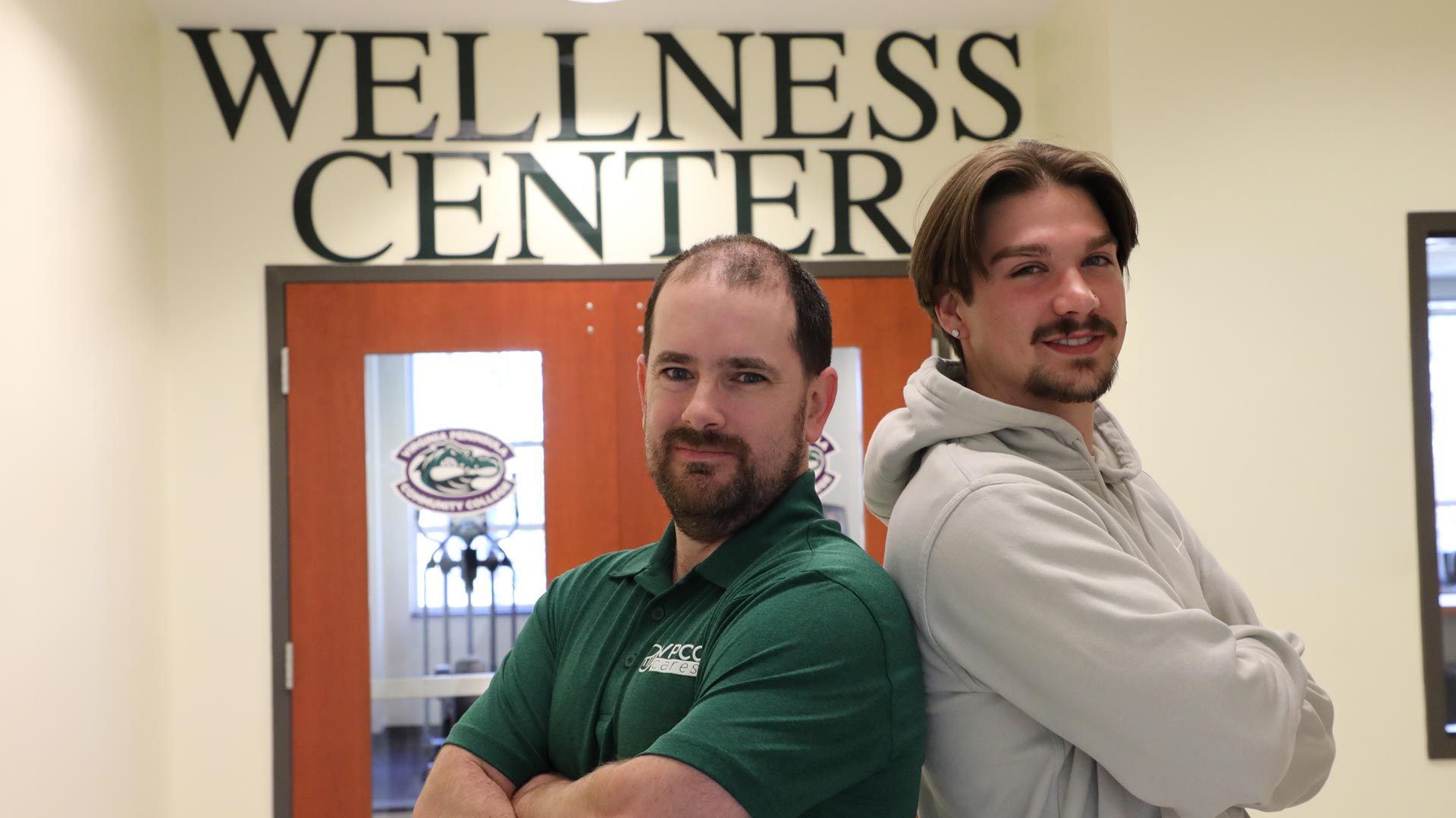 Jonathan Pareti (left) is the fitness manager at the Historic Triangle Campus. Bennett Buchanan, president of the College’s fitness club, was instrumental in reopening the Wellness Center.